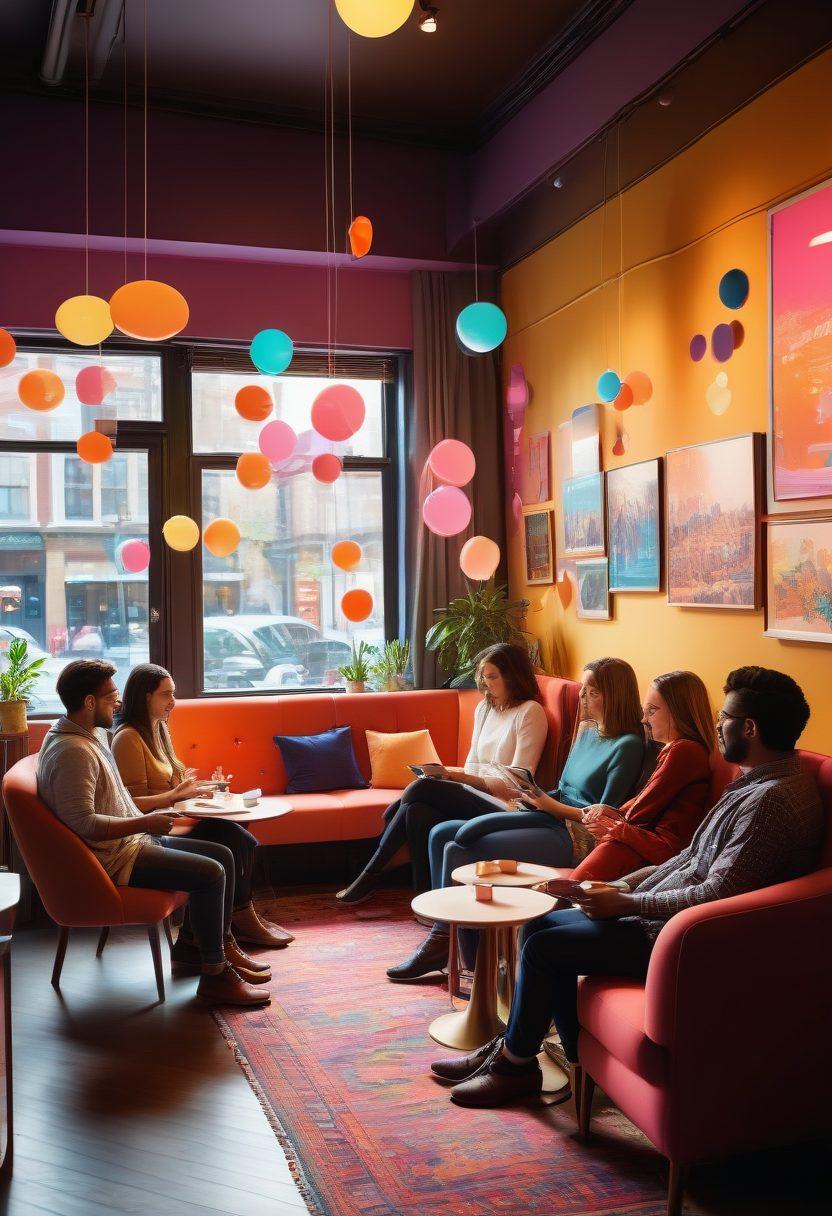 A lively digital café atmosphere filled with diverse people of different ages and backgrounds engaging in friendly conversations over their devices. Include colorful chat bubbles floating around them, representing the various online messaging platforms they are using. Add cozy seating arrangements and warm lighting to create a welcoming environment. Capture a sense of connection, positivity, and inclusivity. vibrant colors. digital art.