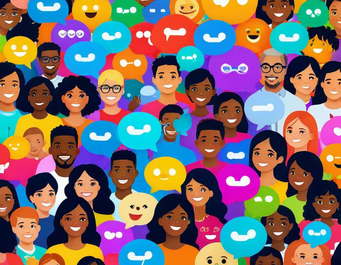 A vibrant digital scene depicting diverse groups of people engaged in friendly conversations on a virtual platform, featuring colorful chat bubbles, emojis, and positive facial expressions. The background should show a dynamic, interconnected web of social media icons, symbolizing online communication. The overall mood is cheerful and inviting. super-realistic. vibrant colors. 3D.