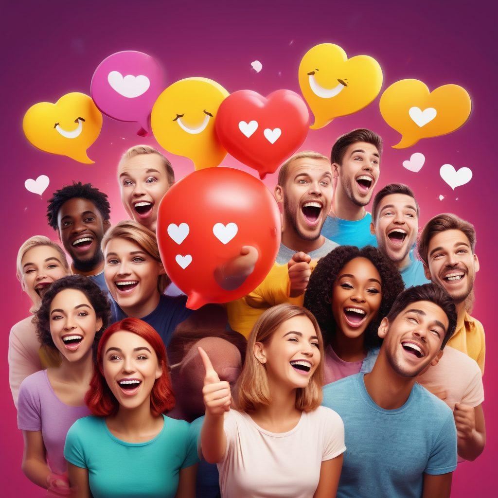 A friendly, colorful digital chat interface depicting diverse people happily interacting, with speech bubbles filled with positive emojis and supportive words, surrounded by uplifting symbols like hearts and thumbs up. The background is a blend of vibrant gradients, creating a joyful ambiance. super-realistic. vibrant colors. 3D.